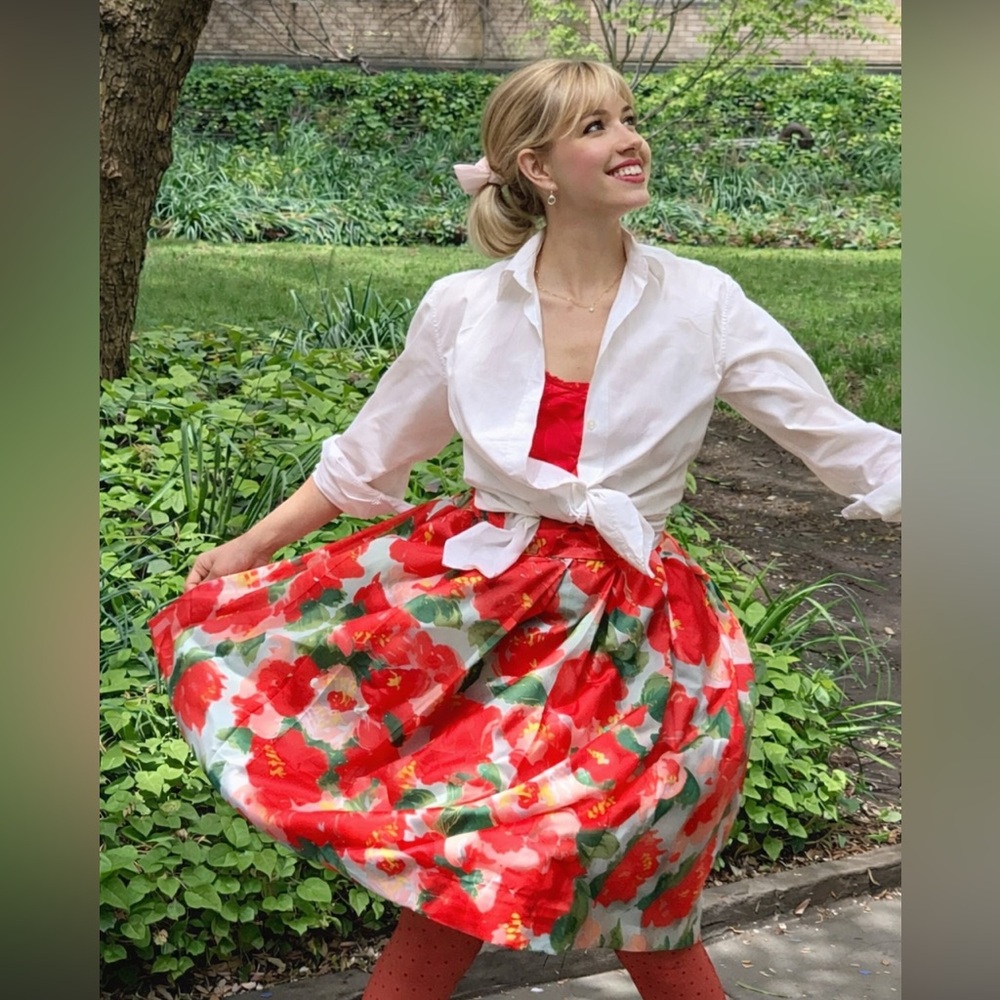 Frances Valentine Peony Print Pleated Skirt‎ Red Floral Jemme Blue Size 2 NWT